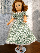SSO DOLL CLOTHES: 20" MISS REVLON GREEN PRINT COTTON DRESS, UNDIES, JEWELRY