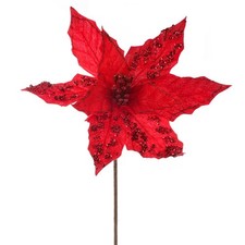 Pair of Sparkling Red Velvet Artificial Poinsettia 12" Picks