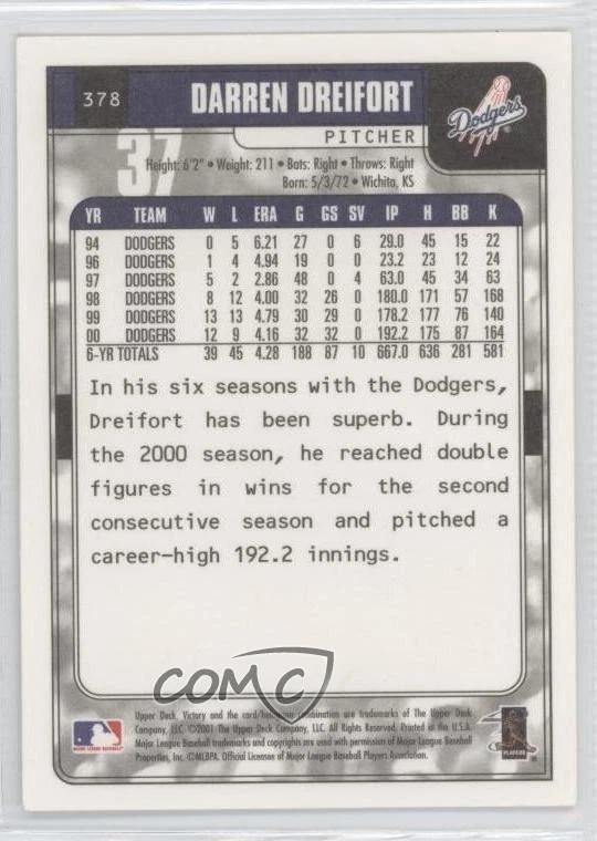 2001 Upper Deck Victory Darren Dreifort #378 - Image 2 of 2