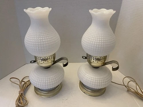 Pair Of Vintage White Milk Glass Hobnail Hurricane Lamps 13 Inches Tall