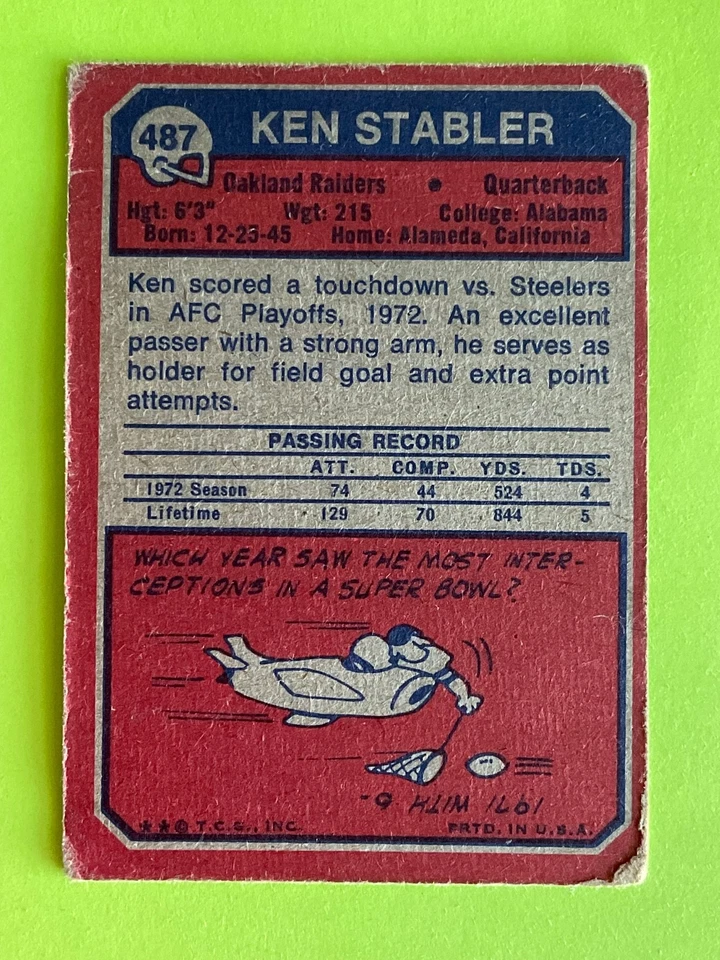 Ken Stabler 1973 Topps Rookie Football Card #487 - Oakland Raiders Quarterback - Image 2 of 2