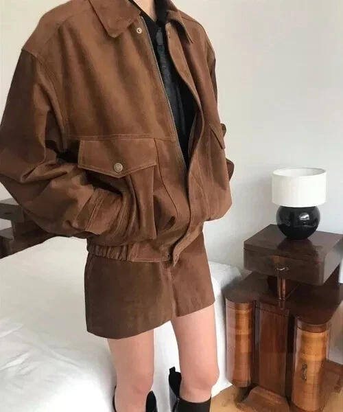 Brown Suede Bomber Leather Jacket Women Size XS S M L XL XXL 3XL Custom Made - Image 3 of 4