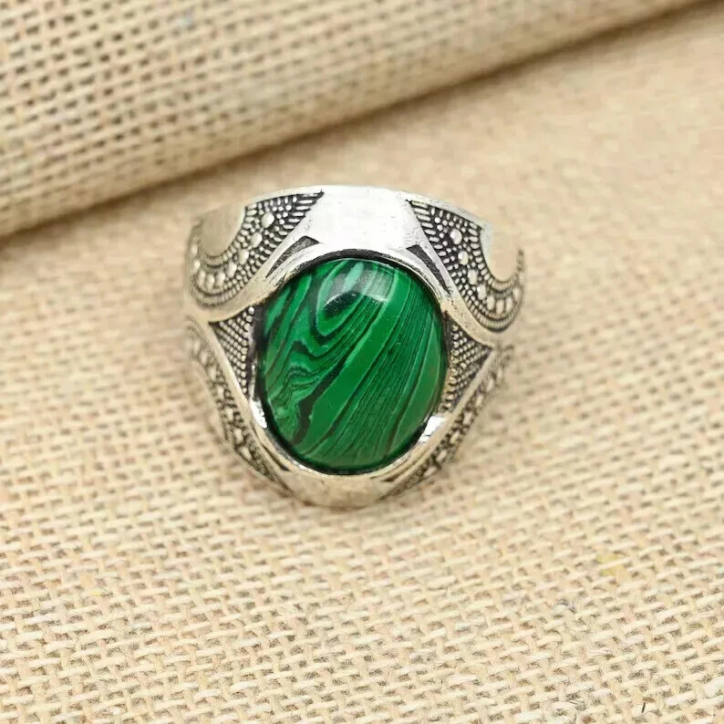 Beautiful 925 Silver Malachite Gemstone Handmade Men's Dainty Ring All Size  D99 - Image 4 of 4