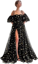 Sparkly Starry Tulle Prom Dresses for Women Slit Puffy Sleeve Evening Party Gown