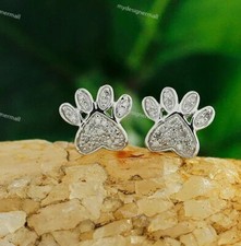 Round Cut Moissanite Paw Print Stud Earrings 14K White Gold Plated