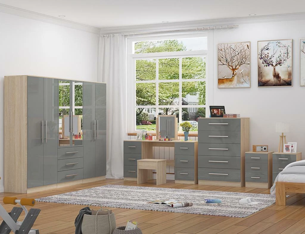 MODERN 6 Door FULL set wardrobe chest bedside dressing table GREY BLACK WHITE