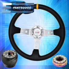 Deep Dish Black Steering Wheel + Slim Quick Release + Adapter For 88-91 Civic
