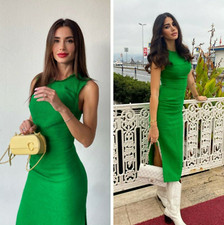 Zara Vibrant Green Textured Tweed Frayed Hem Midi Pencil Dress Size S Chic Smart