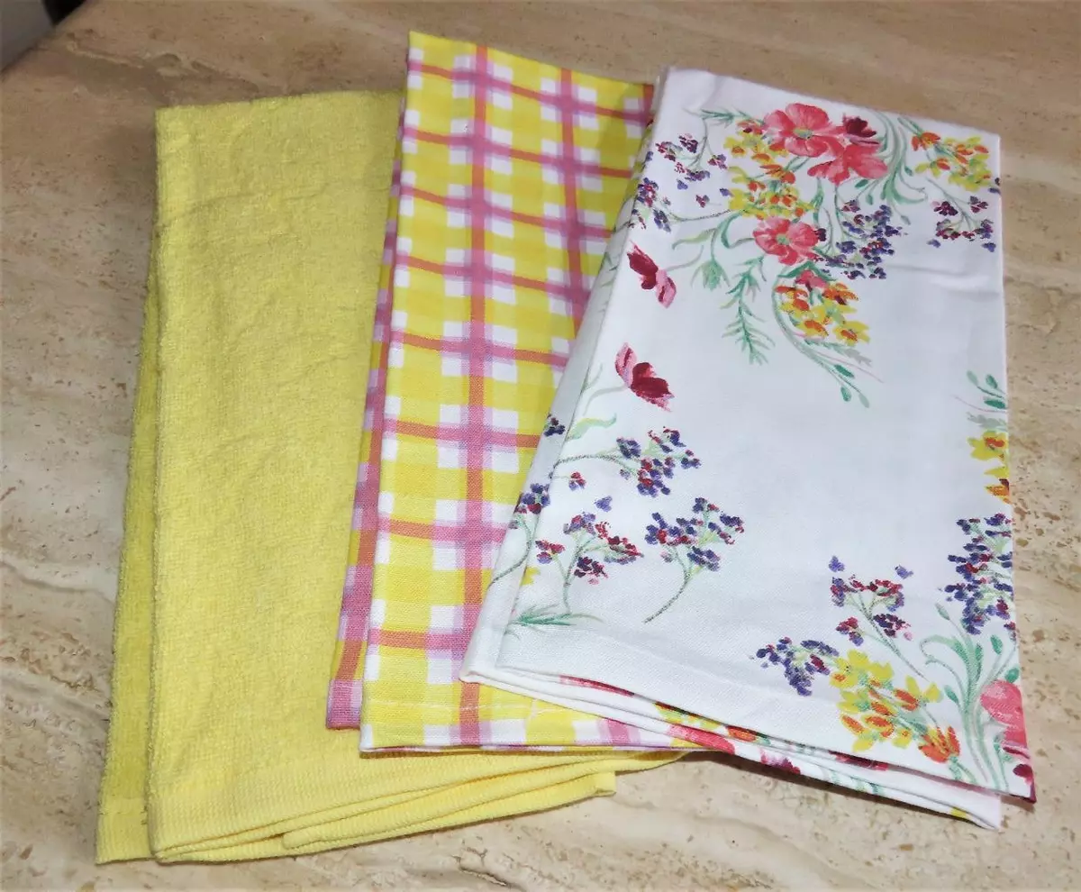 Martha Stewart set 3 NWT kitchen towels; cotton; yellow white purple green  26x16