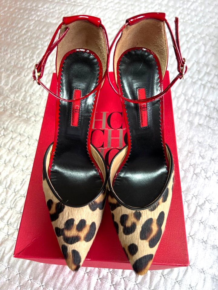 Ch Red CH Carolina Herrera Cheetah Print, RED shiny high heels, ankle rap ...