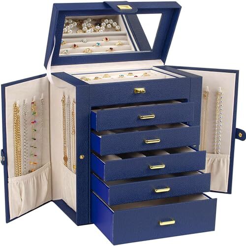 Functional Leather Jewelry Organizer with Big Mirror in Large Blue Size-image
