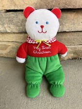 VTG Eden Teddy Bear Lovey Baby My First Christmas Terry Cloth Plush Red Green