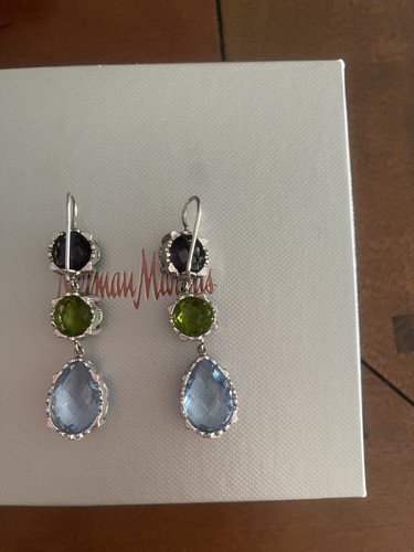 Amethyst, Peridot, and Blue Topaz Sterling Silver Dangle Earrings - Picture 2 of 3