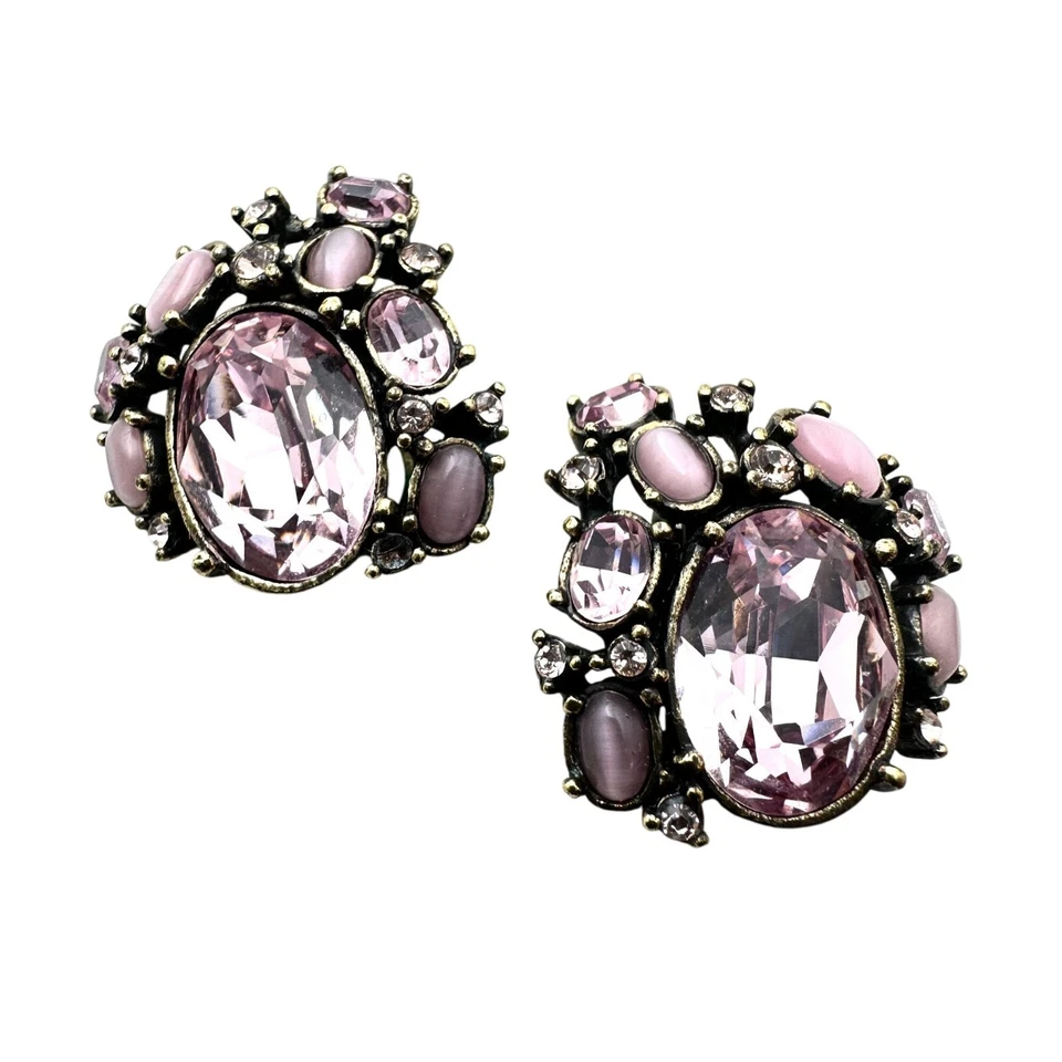 Heidi Daus Pink Crystal Pearl Bronze Clip Earrings Chandelier - Image 2 of 3