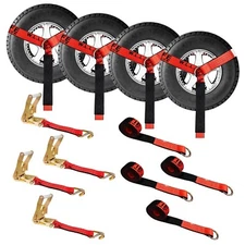 USA 4 Set 2" x 10' Side Mount Wheel Net Tie Down Ratchet Strap w/Wire J Hook Red