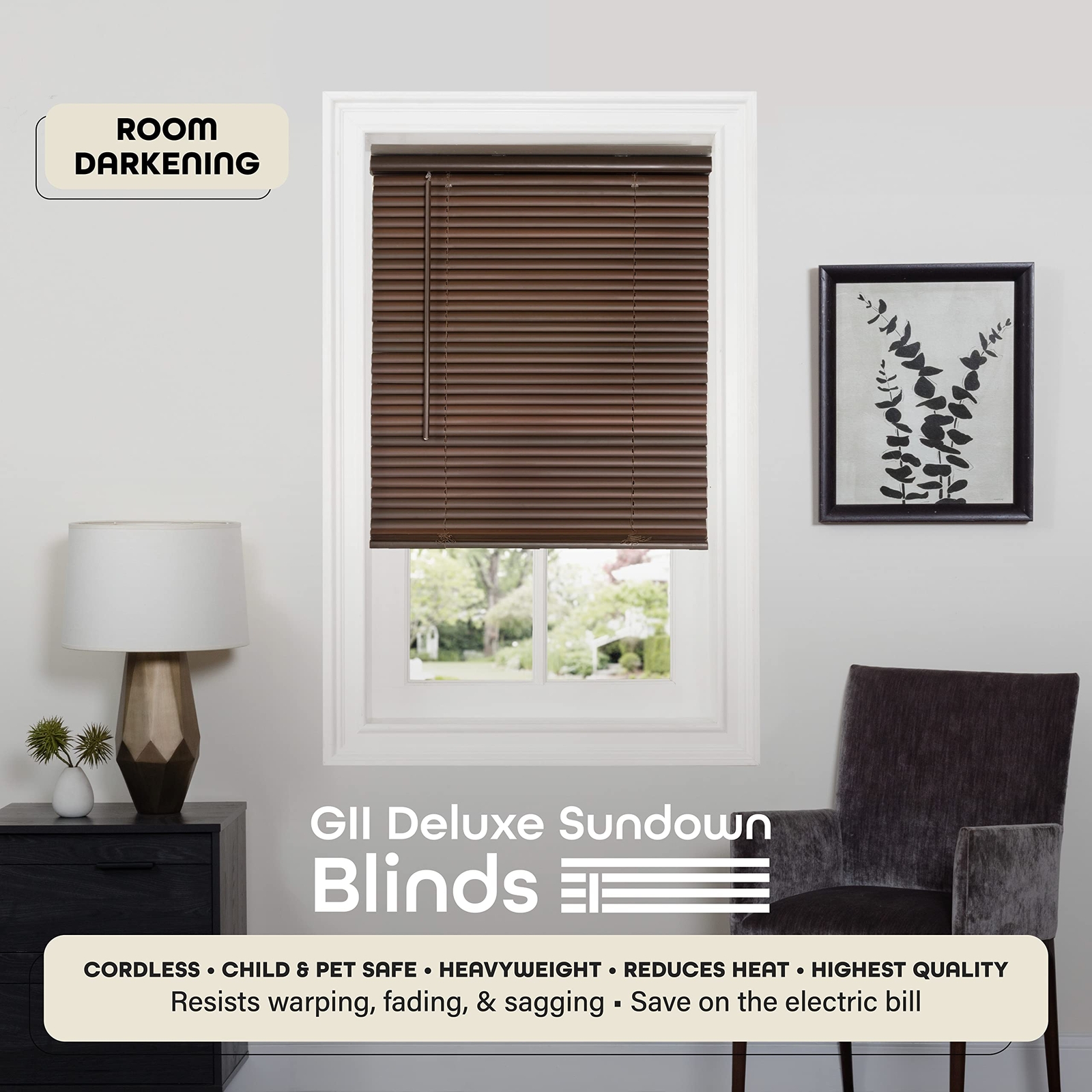 Cordless 1-Inch Room Darkening WINDOW MINI BLINDS Mahogany Brown Multiple Sizes