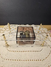 Vintage Clear Acrylic And Brass Music Box/ Lip Stick Holder, New In Box