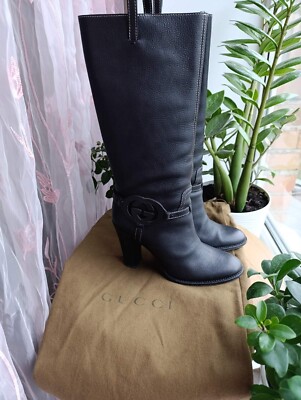 GUCCI BLACK GG INTERLOCK LOGO LEATHER BOOTS