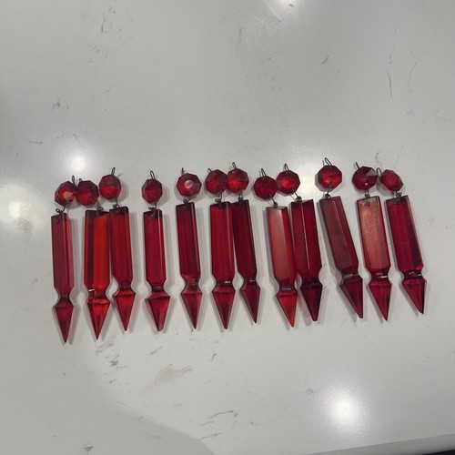 12 Qty Vintage Cranberry Ruby Red Chandelier Lamp Spear Cut Prisms Beads