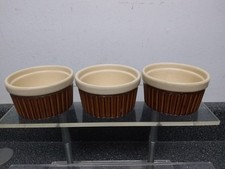 Set of 3 Brown Cream Ribbed Custard Cups Roun...