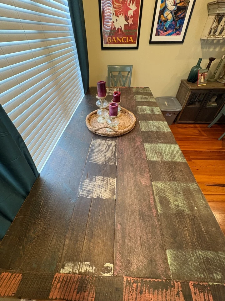 Gorgeous Rustic Wood & Wrought Iron 8 X 4 ft. Dining Table w/4 Chairs & Bench - Image 4 of 4