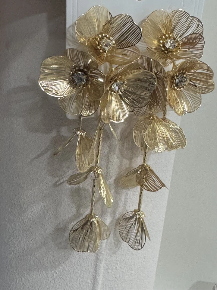 New Statment Gold Earrings Long Drop Dangle Chunky Floral Style Crystal Boho za - Image 3 of 4
