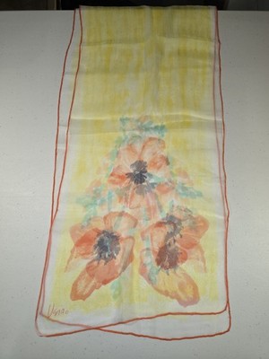 Vera Neumann Signed Scarf Chiffon Yellow Poppy Flower Design 13x57