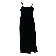 Cider Long Black Ribbed Slit dress with adjustable straps with Metal Star pin