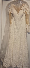 Allure Bridals 9377 Ivory Lace Fit and Flare Long Sleeve Wedding Dress Sz 16
