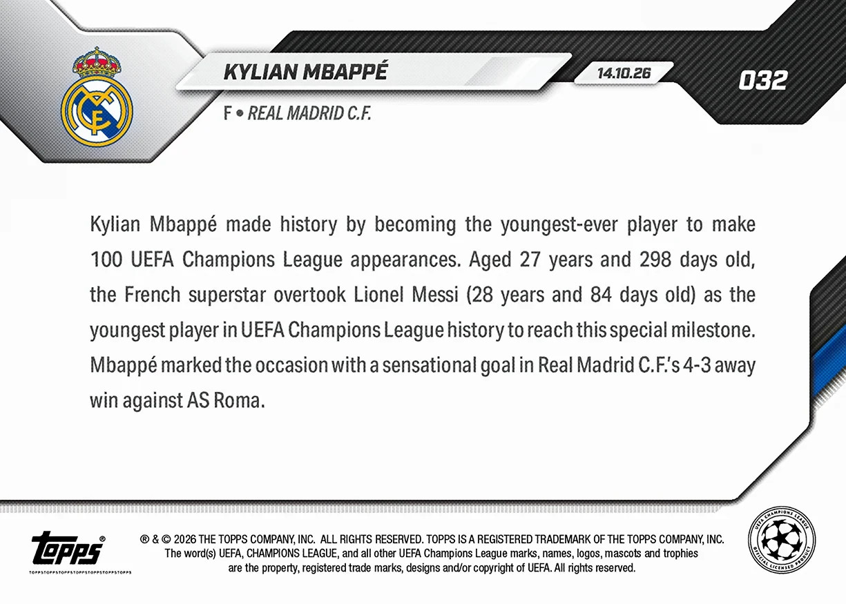 Kylian Mbappe Youngest 100 UCL Matches - 2026-27 UCL Topps NOW - Card 32 Presale view 2