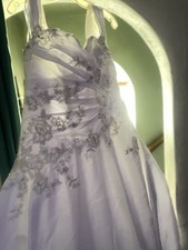 White Embroidered Satin Wedding Dress with Floral Lace Details