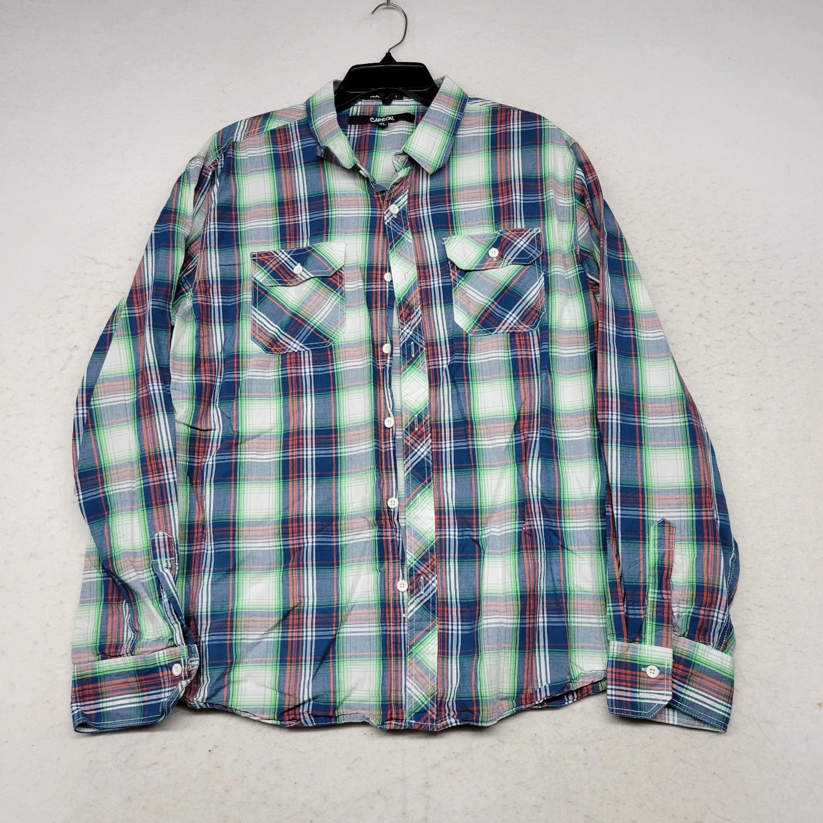 Carbon Shirt Mens Extra Large Blue Plaid Classic Fit Button Up XL Green