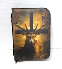 Bible Cover Carrying Case Deer with Backlit Cross Faux Leather with Handle