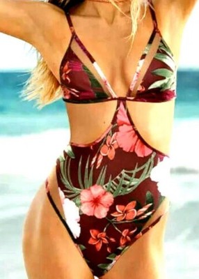 Victorias Secret Swim PINK Venetian Red Floral Mesh Cutout One-Piece Large N5047