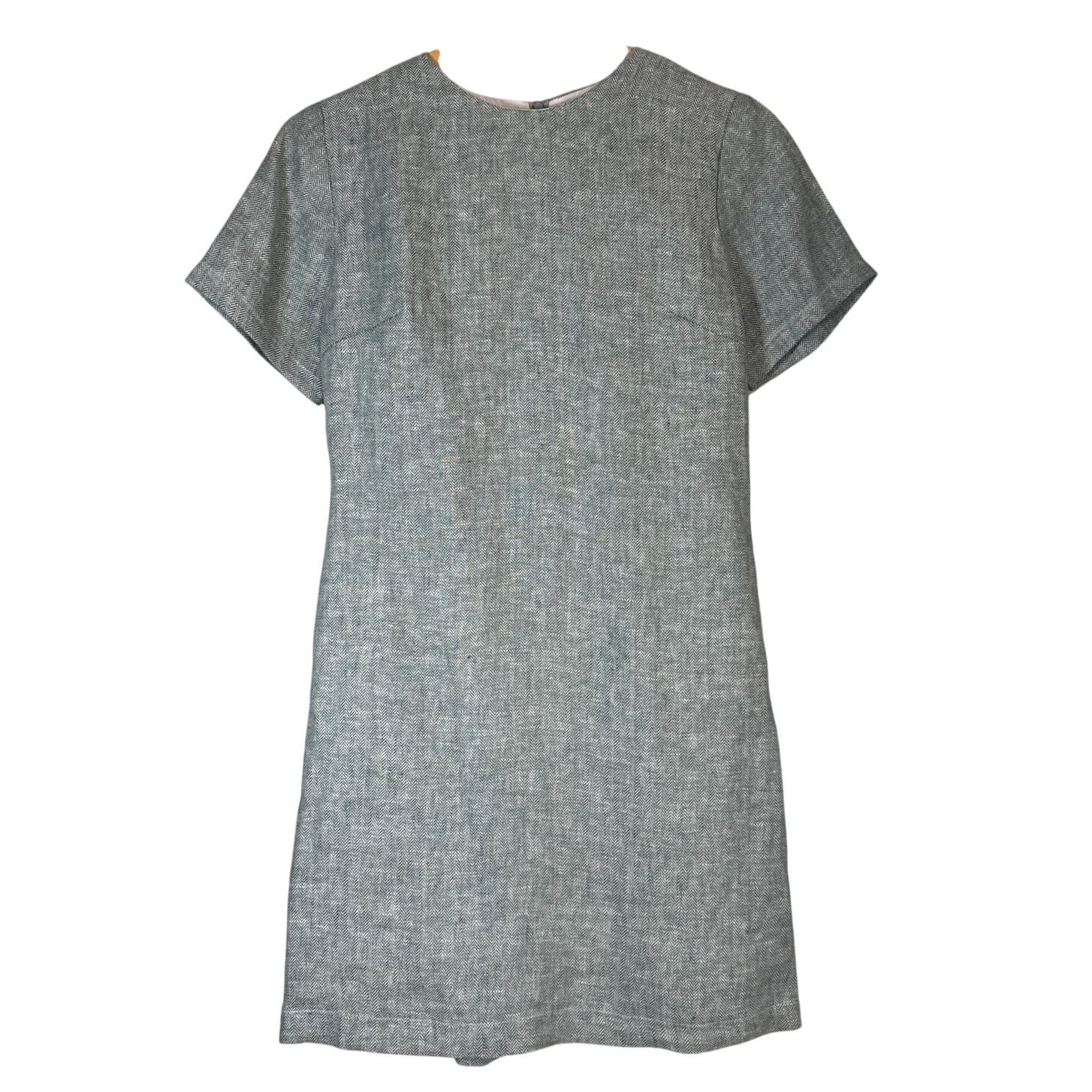100% Linen Short Sleeve Shift Dress Small Blue Gray Minimalist Classic Office