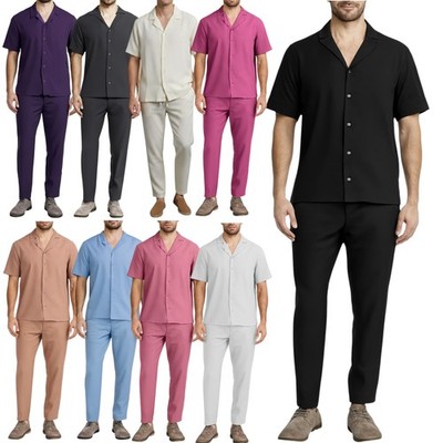 Herren Pyjama Set Uni PJ Nachtwäsche Loungewear Regular Fit Freizeit Baumwolle Set
