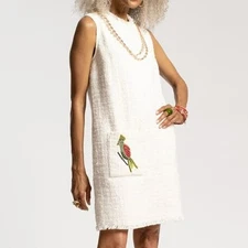 Frances Valentine White Twiggy Fringe Dress Cotton Boucle Beaded Parrot L NEW