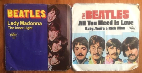 Two (2) Beatles 45 rpm Vinyl Records With Picture Sleeves