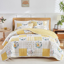 3-Piece Floral Patchwork Quilt Set Queen Yellow White Microfiber Bedspread