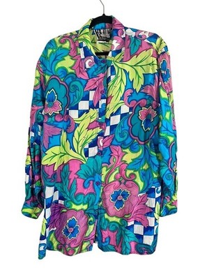 Vintage Floral Silk Shirt L Disco Funky Edgy Modern Contemporary Retro Chic 80s