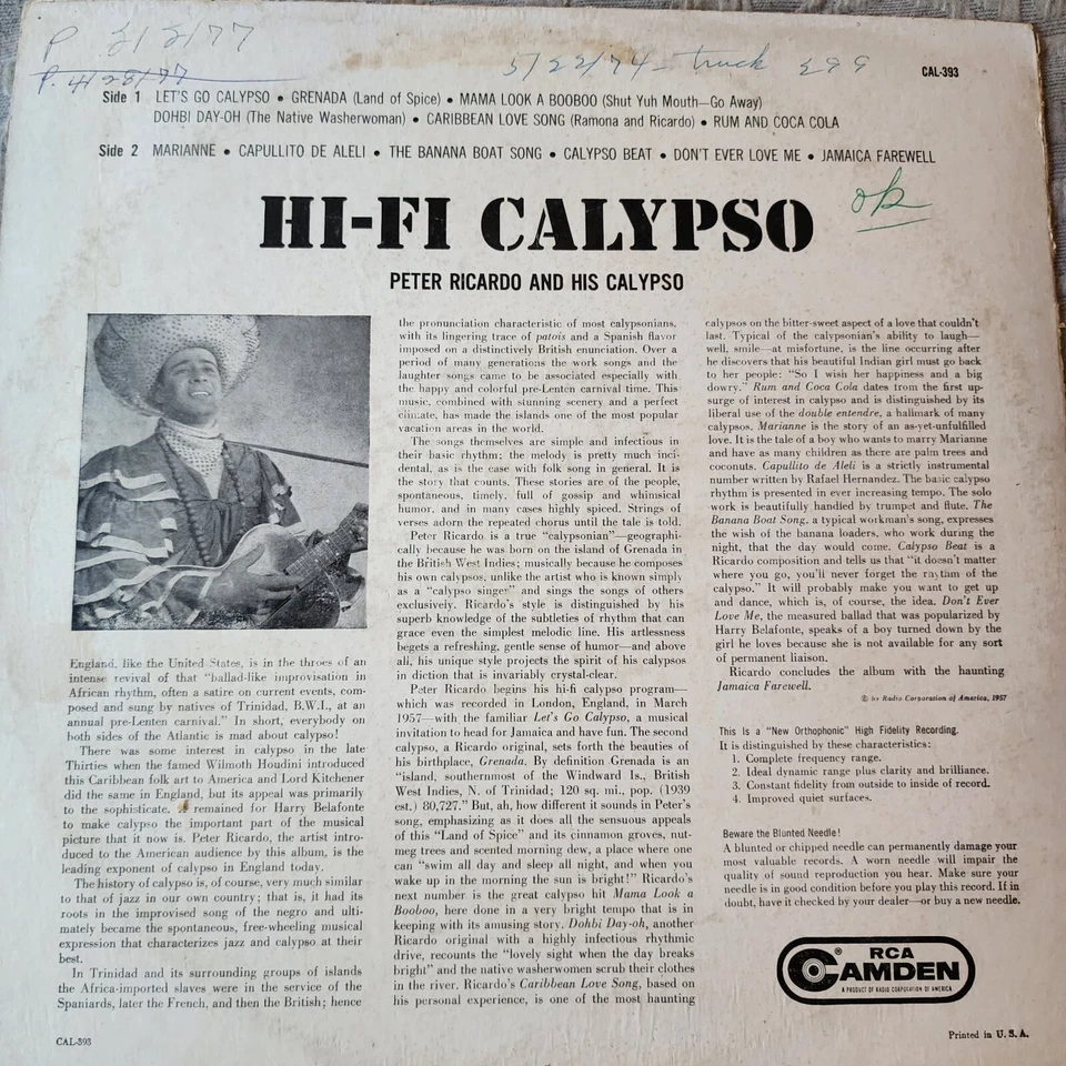 Calypso Classic Lp Vinyl Terrific Cover Hi-Fi Calypso Peter Ricardo RCA Camden Foto 2 de 4