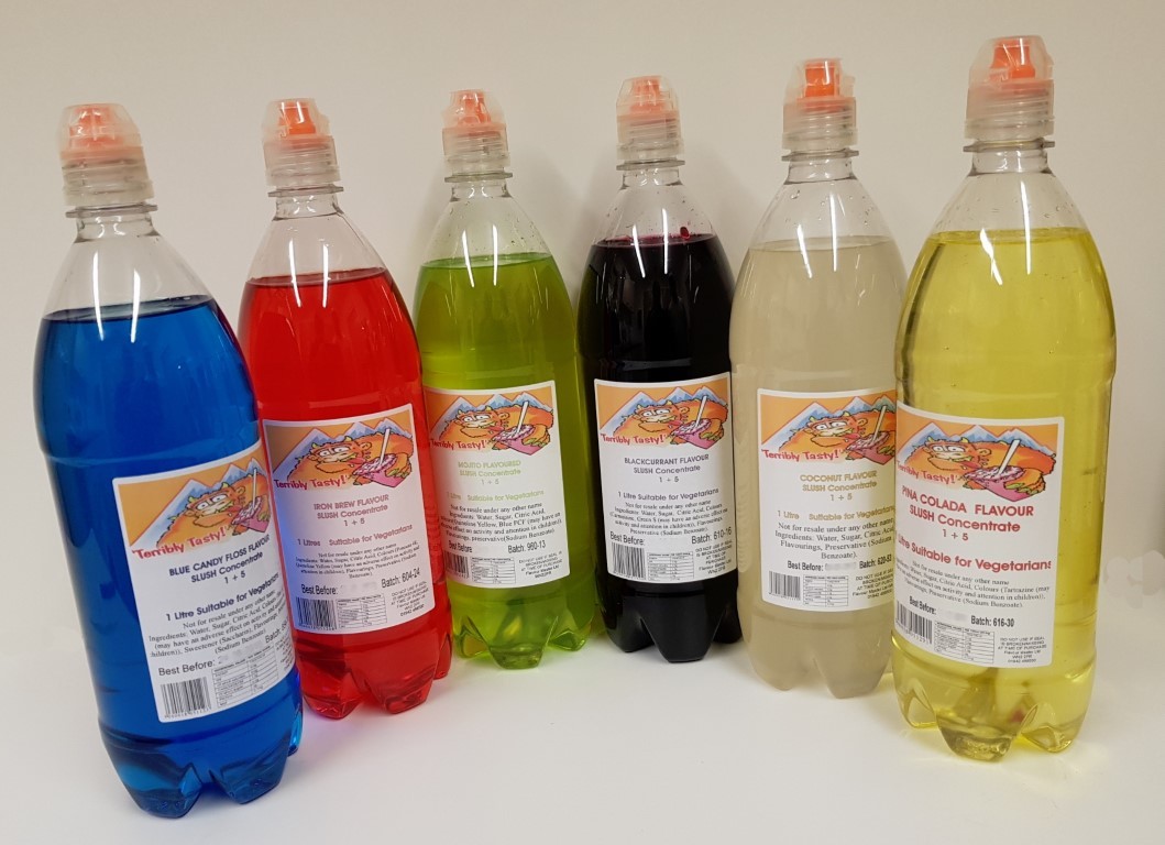 Slush Syrup 6x1LTR Blue & Pink Bubblegum Tropical Mixed Fruit Iron Brew Red Kola