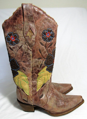Corral Vintage Brown Daisy Overlay Floral Snip Toe Leather Boots 6 M EUC