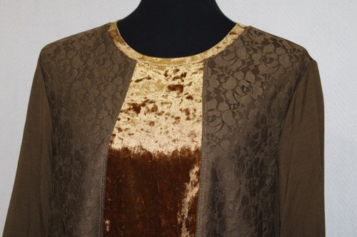 NUEVO SIN ETIQUETAS LOGO Lujoso Top Túnica Lori Goldstein Talla M Marrón Encaje Tejido y Terciopelo Dorado - Imagen 2 de 6