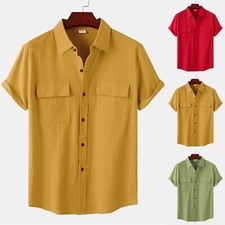 Mens Linen Style Short Sleeve Shirts Button Down Formal Dress Shirt Casual Solid