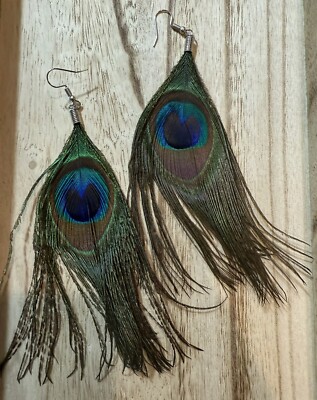 GENUINE PEACOCK FEATHER EARRING PAIR  Dangle Jewelry Green,Natural Light Weight