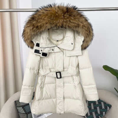 Hooded Raccoon Fur Collar Belt Mid Long 90% White Duck Down Coats Jacket Women