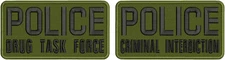 POLICE D T FORCE EMB PATCH 4X8 HOOK ON BACK BLACK ON OD GREEN