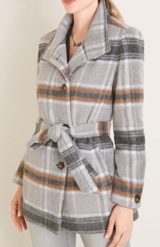 Chico's Wool Blend Trench Coat Women 2X / 22 Plush Plaid Gray Brown Belted
