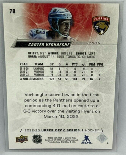 Carter Verhaeghe 2022-23 Upper Deck Series 1 Hockey # 78 - Picture 2 of 2
